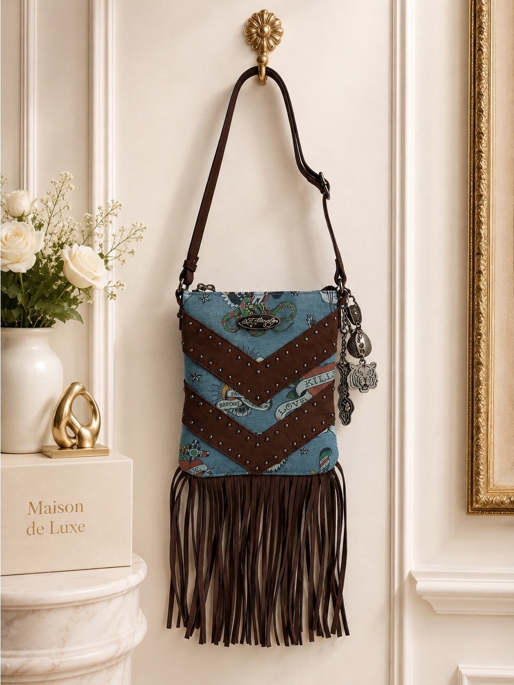 Ed Hardy Blue & Brown Fringed Chevron Crossbody Bag